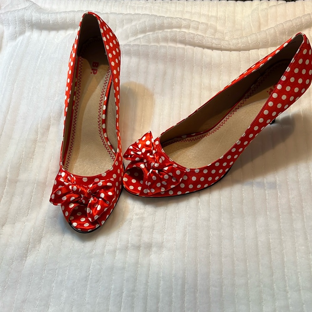 New BP brand red/white polka dot peek toe heels